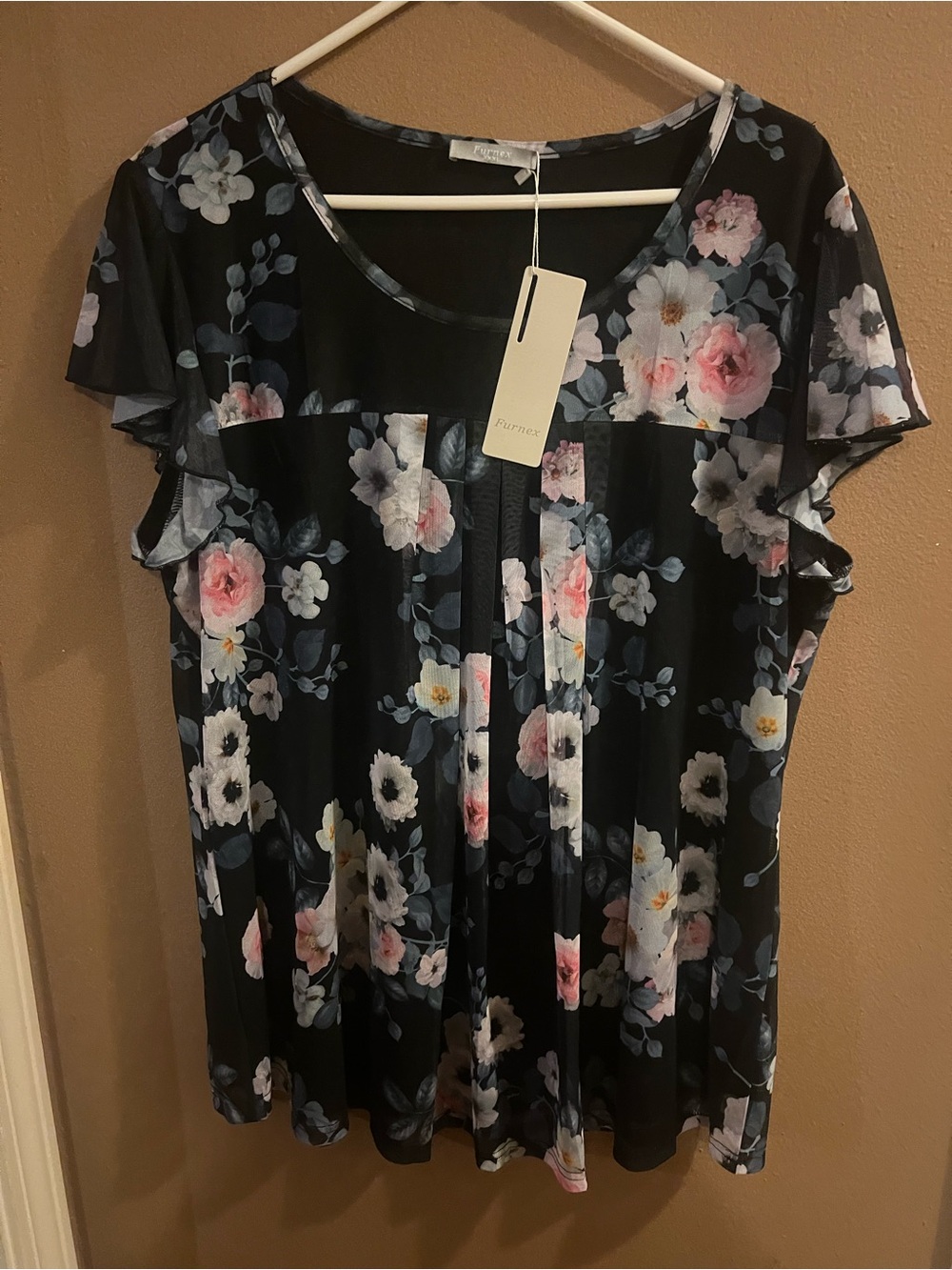 Amazon Black Floral Flutter Sleeve Tunic with Pink & White Flowers